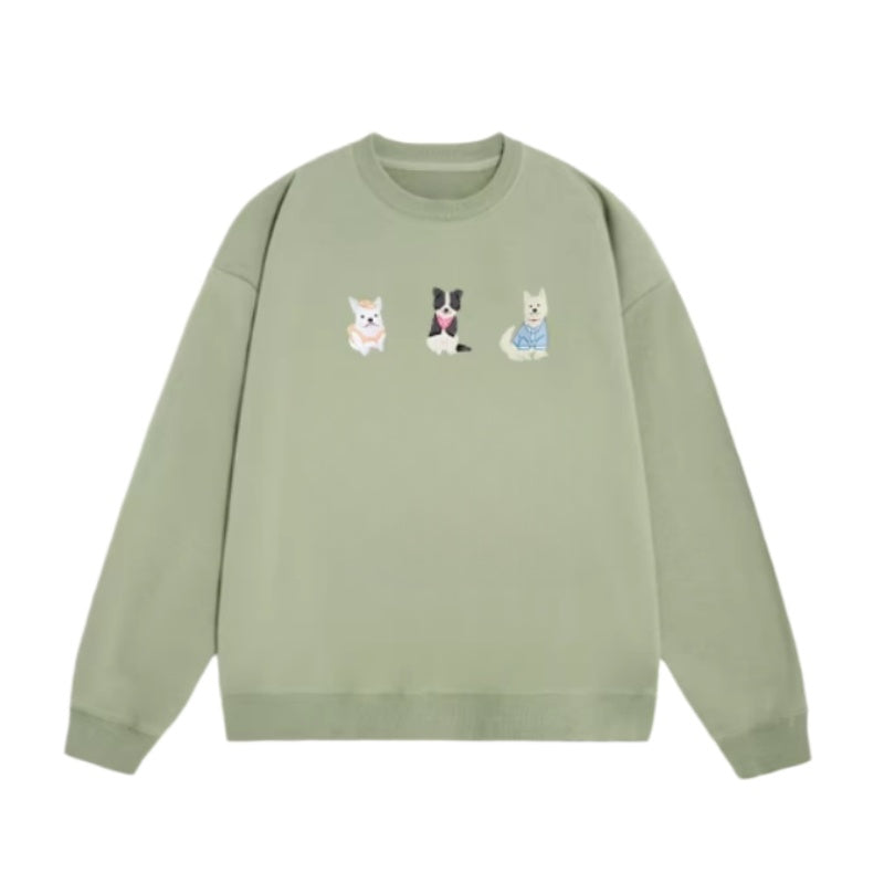 Versatile Moss Green Sweatshirt with Fun Puppy Print